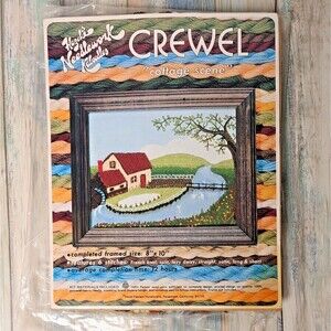 Vintage Crewel Embroidery Partial Kit Cottage Scene Hazel Needlework Kaboodles